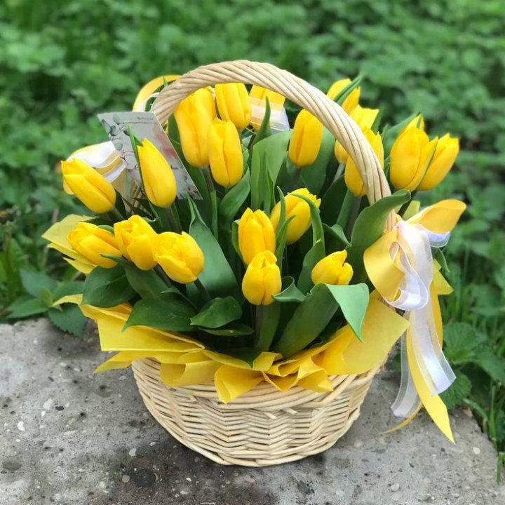 25 желтых тюльпанов в корзине в Братске